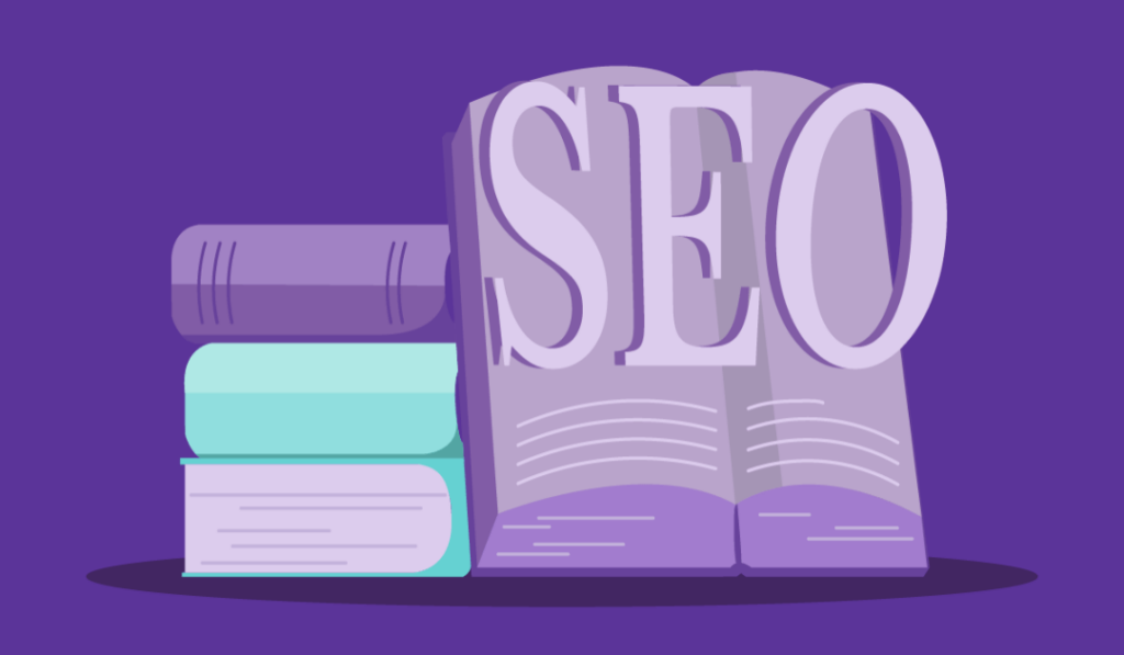 Ultimate Guide to SEO Marketing for SMBs 2 An open book with the letters "SEO" leaning on a pile of different books.