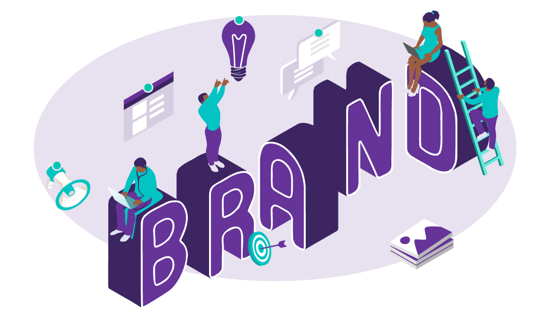 3 SEO Fallacies Harming Small Businesses 2 Enormous letters that spell BRAND with people gathering around them. One is reaching for a lightbulb.