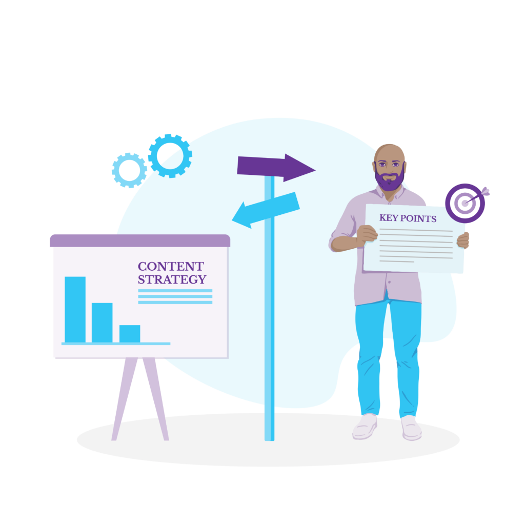 Content Strategy Success Guide 1 Man with a placard showing the key points of content strategy.