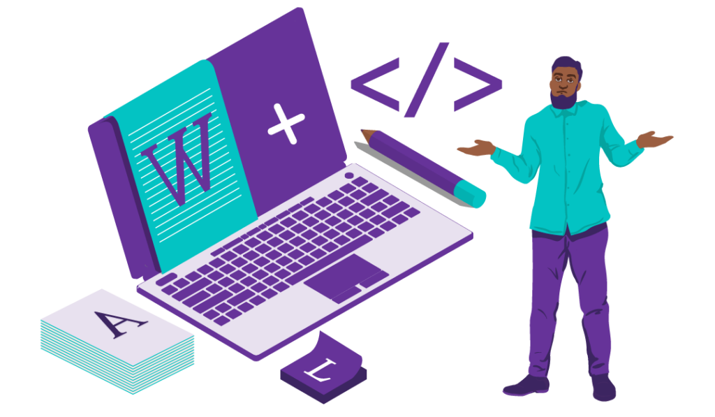 Google SEO Title and Title Tag Update 13 A man that has no idea how to write title tags and a laptop that shows how to write concise and descriptive title tags.