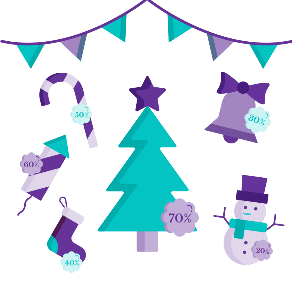 SMB’s Guide to Thriving Beyond the Holiday Shopping Season 1 Christmas decorations on sale include items such as a Christmas tree, bell, snowman, Christmas socks, fireworks, and candy cane.