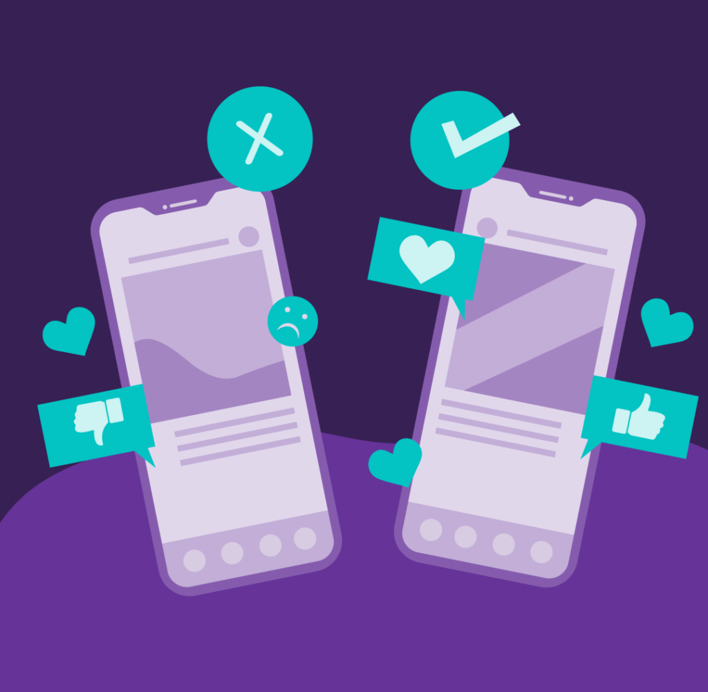 Why You Need an Integrated Content Strategy 3 Two mobiles showing emoticons of likes, dislike, sad and heart.