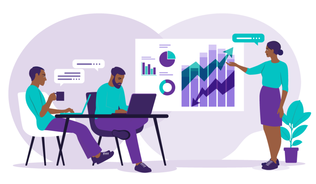 What is Low Website Traffic and Why is it a Problem? 2 A woman gives a presentation to two men to explain why low web traffic is a problem for their business. The main graph in her presentation has a downward arrow showing the consequences of low web traffic. It also has an upward arrow showing the potential business benefits they could realise if they increase their website traffic.