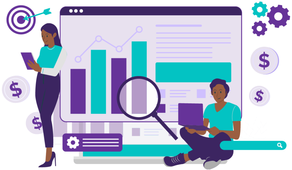 What is Content Marketing? A Jargon-free Explanation 3 Two woman checking their content analytics seeing how much profit they’ve gained from it by hitting their target.