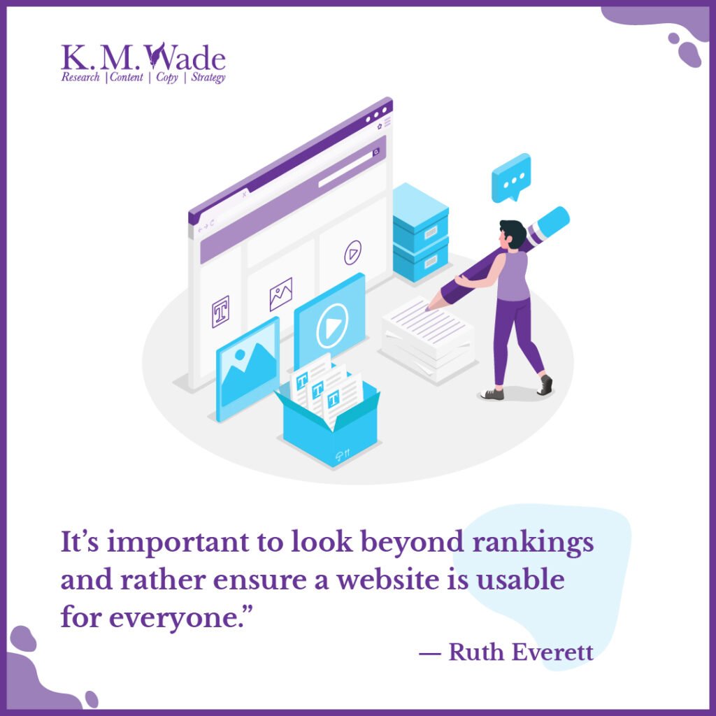 Inspiring and insightful marketing quotes to elevate your SEO strategy 7 An image with Ruth Everett's quote focusing on creating websites that are usable for all audiences rather than solely focusing on rankings.