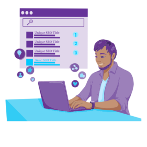 Unique SEO Titles are Crucial for Small Business Success — Here’s How to Make Them Work for You 1 A man using a laptop with a screen displaying an SEO interface with ranked titles and social icons like stars, hearts, and likes, symbolising the process of crafting unique SEO titles.