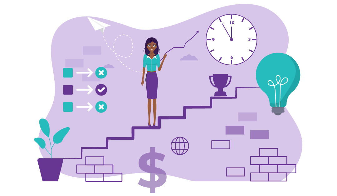 What are SMART Goals? Definition + Tips 6 A woman climbing up the stairs towards a trophy in a timely manner (A clock is on the wall).