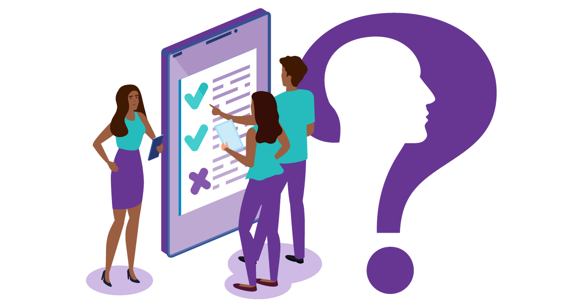 The 7 Types of Blog Posts for Better ROI 4 Question mark with a head inside it. People are pointing to text marked with a tick or a cross.