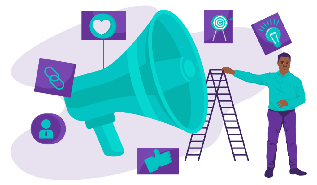 Wade’s Hierarchy of SEO Techniques (SEO Strategy) 15 Man with ladder and icons of megaphone, light bulb, like, share, react in the background, it represents promotion.