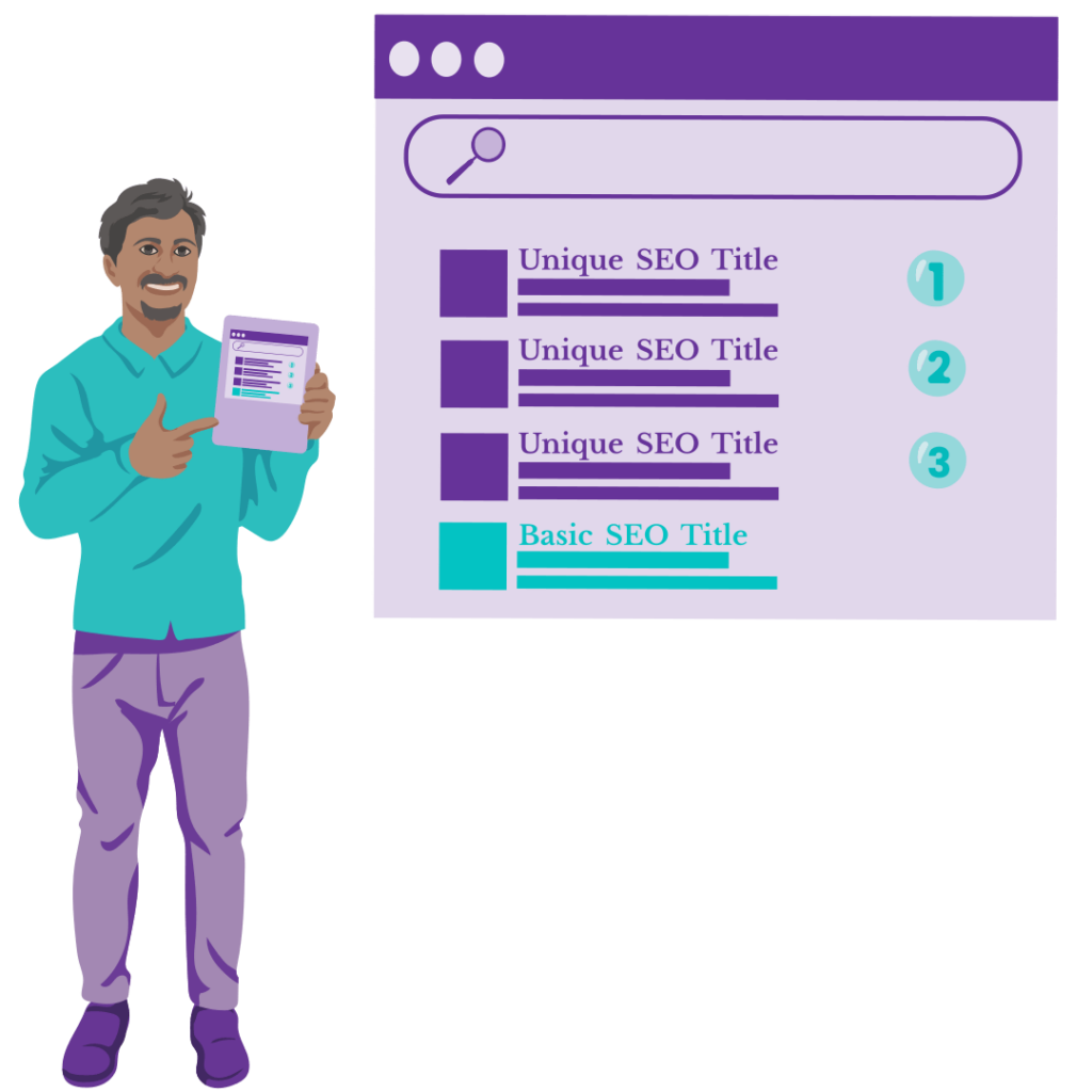Why Unique SEO Titles Are Your Secret Weapon for Increased Organic Traffic 3 A man holds a tablet showing a search engine result page. A zoomed in version of the page shows unique SEO titles in the top 3 positions and a basic SEO title in position 4.