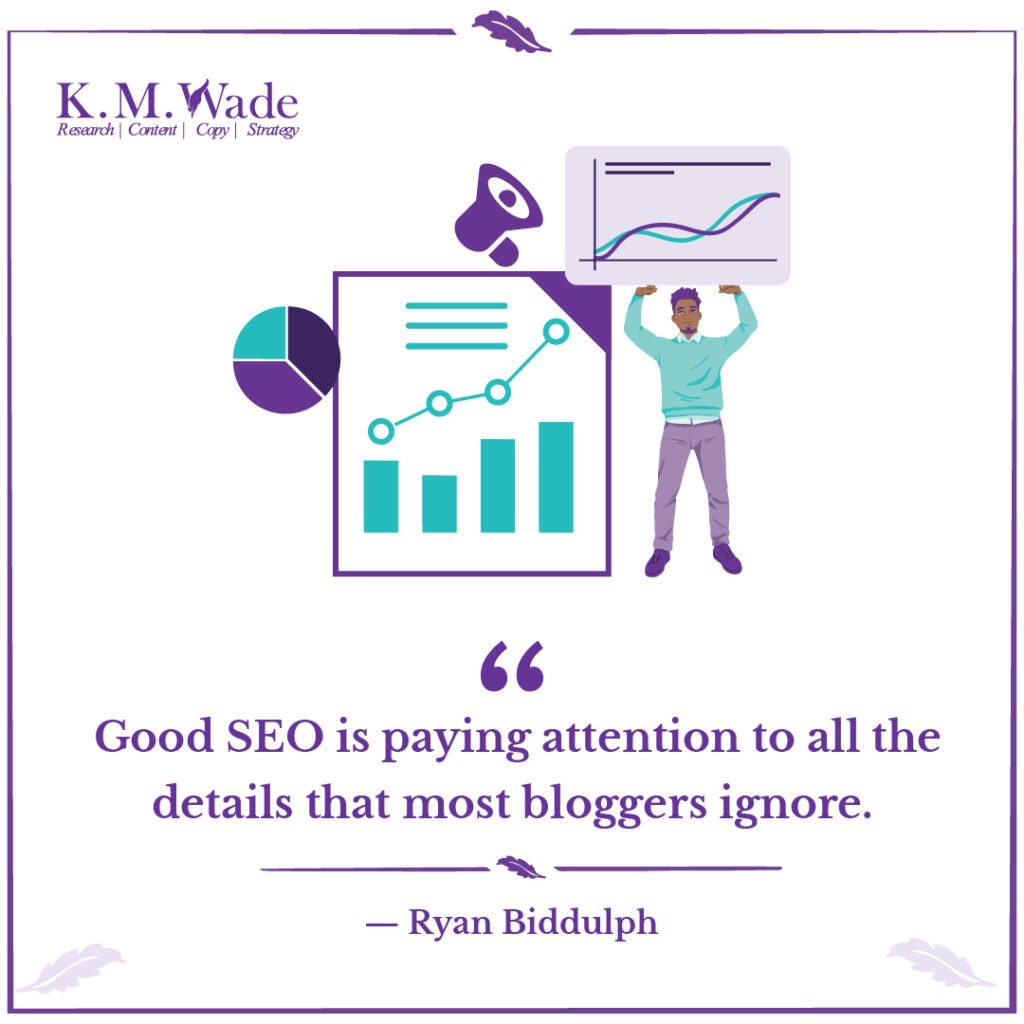 Inspiring and insightful marketing quotes to elevate your SEO strategy 2 A visual design showcasing Ryan Biddulph's quote on the importance of paying attention to SEO details often overlooked by bloggers.