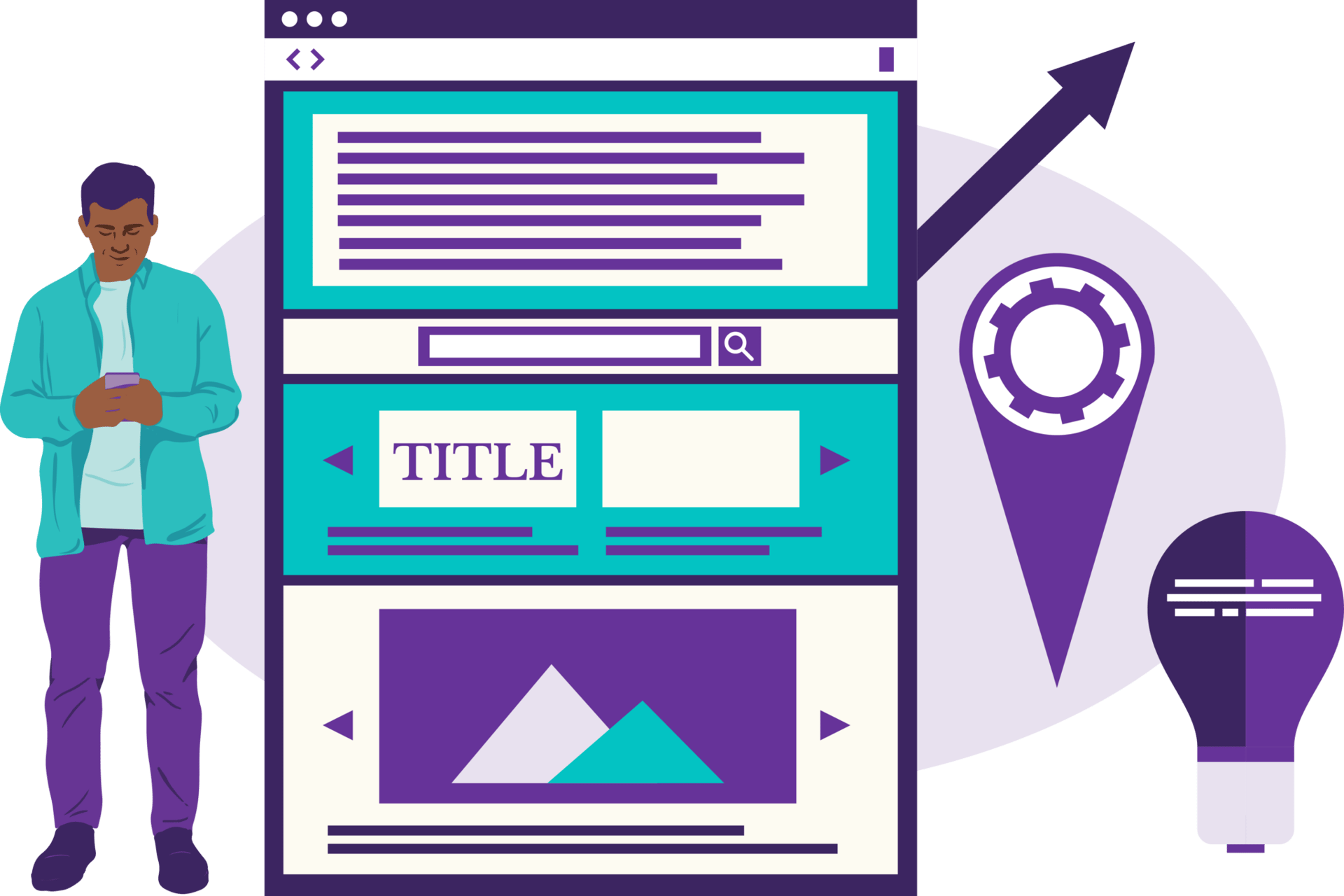 Google SEO Title and Title Tag Update 5 Man typing in his phone and an illustration of what he’s seeing, which is a visual representation of a webpage with the title tag highlighted.