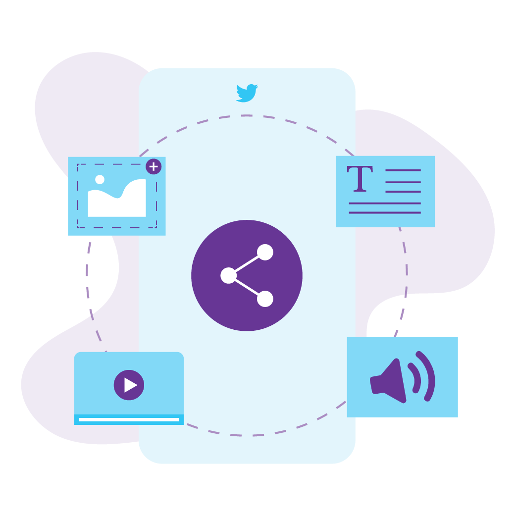 How To Gain Real Twitter Followers In 2023 3 hare icon surrounded by icons that represent various types of content including, video, audio, text, and still image.
