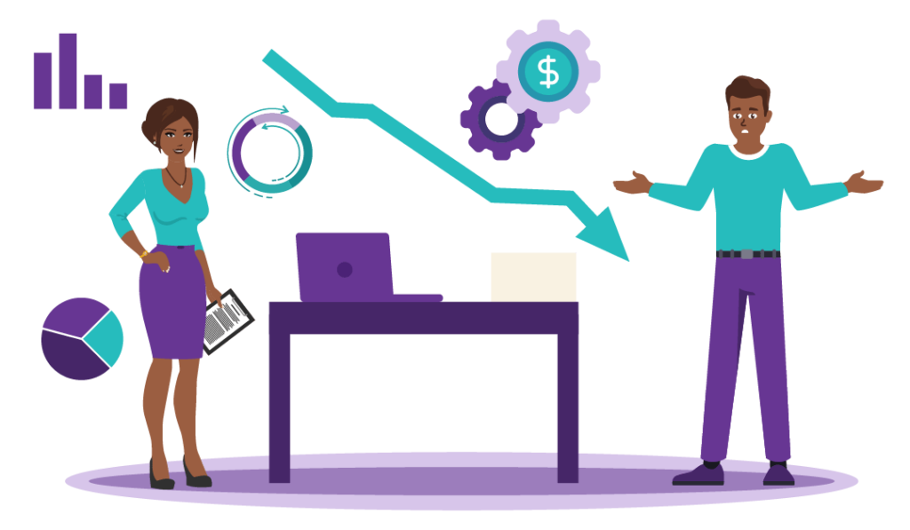 4 Ways to Increase Your Sales Conversion Rate 3 Two people discuss a decreased business growth graph and one of them is shrugging indicating they just don’t know why their conversion rates are low.