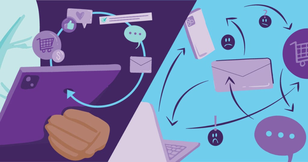 What Is Omnichannel Marketing? 1 An image of a man holding a tablet with icons to represent Multichannel vs. omnichannel marketing