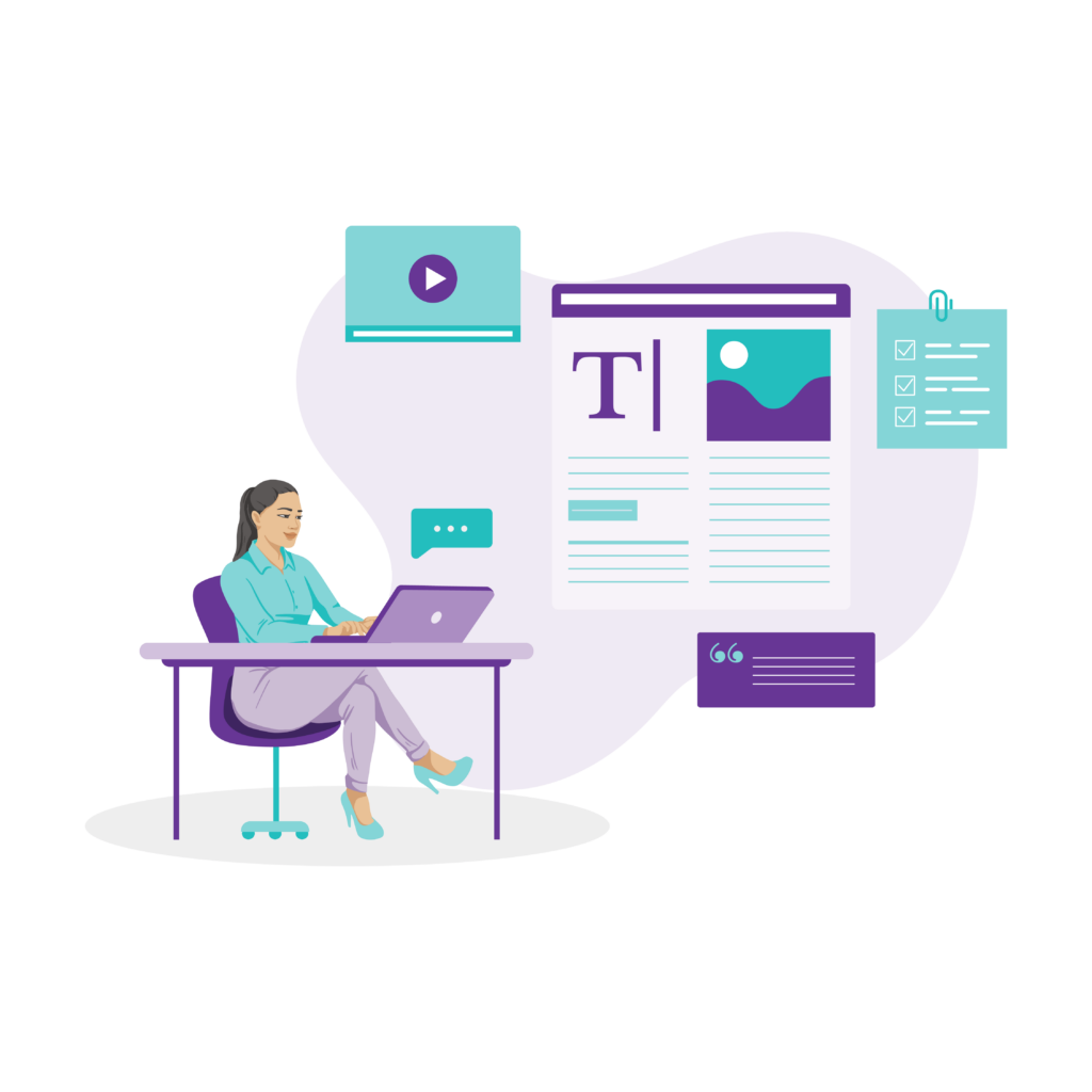 Content Strategy Success Guide 2 Woman creating many types of content including text-based articles, videos, social media posts, and images.