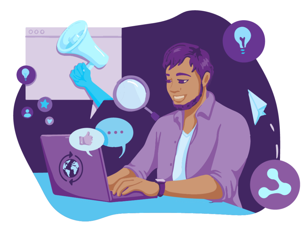 Top 13 Marketing Strategies and Marketing Approaches 1 Man surfing the net on his laptop liking, sharing, posting different content and ideas.