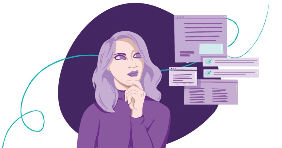 What is Copy? Content vs. Copy 3 A woman thinking about several pieces of content and copy and wondering how to tell which is classed as which