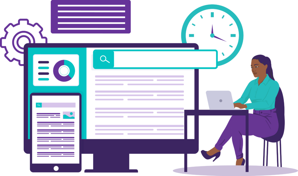 Google SEO Title and Title Tag Update 6 Google search results on desktop and mobile devices with a graph and clock behind them.