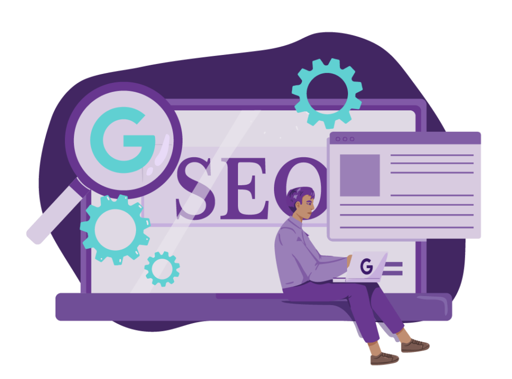 Google SEO Title and Title Tag Update 1 A person typing on a computer with the Google logo on it. In the background, there’s a big ‘SEO’ word.