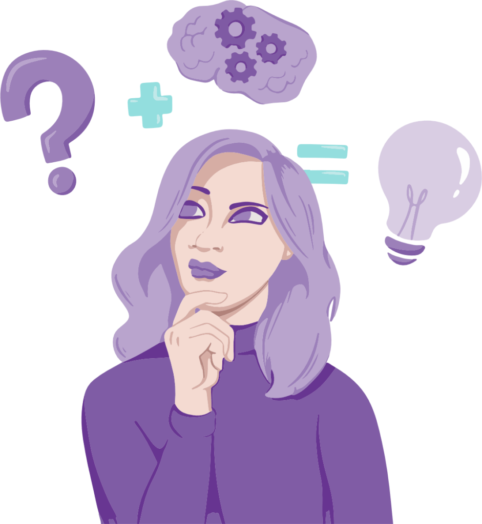 Should you Start a Blog This Year? 6 A person looking at a question mark and a plus sign, followed by an equals sign and a lightbulb. Above that, a brain floats, filled with cogs. This symbolises how the person is solving problems.