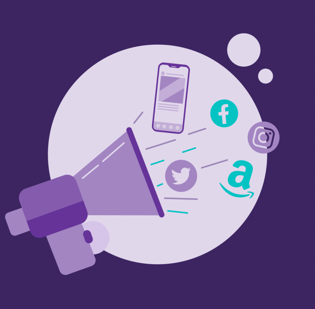 Why You Need an Integrated Content Strategy 4 A megaphone ‘speaking’ to the icons of Amazon, Facebook, Instagram, and twitter, and an image of a mobile phone.