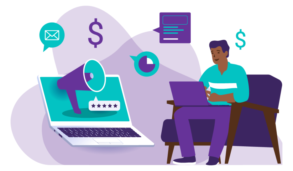 How to Promote Your Blog on Social Media 6 Man working on his laptop which has a megaphone, dollar signs, emails, and 5-star ratings coming out of it.