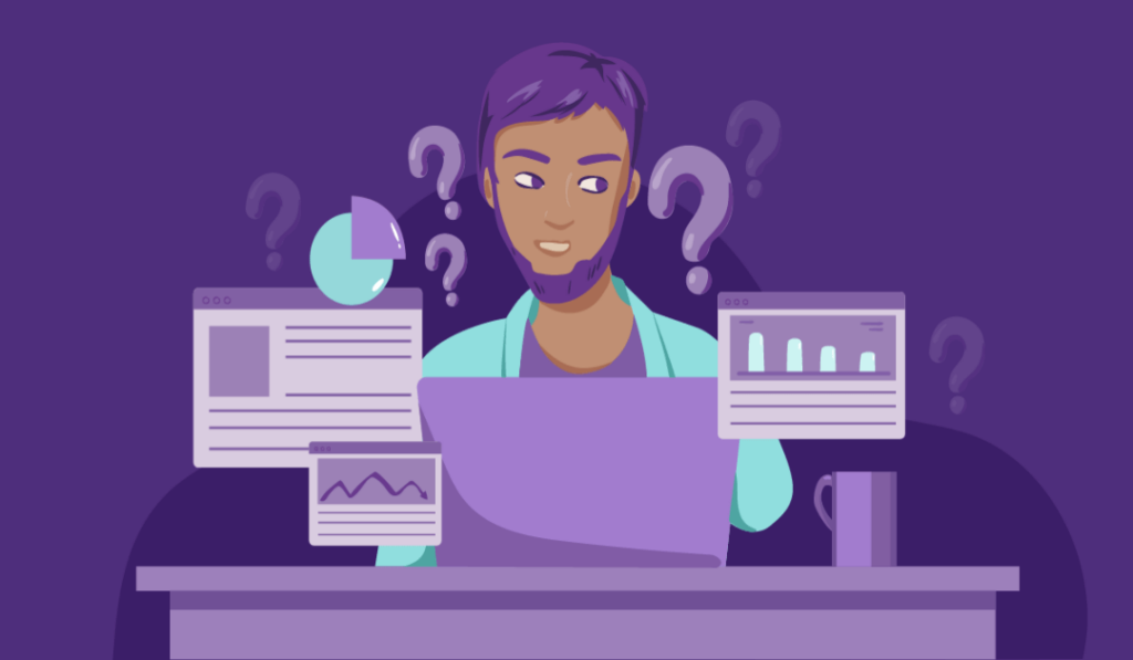 Ultimate Guide to SEO Marketing for SMBs 1 a person surrounded by question marks because he doesn’t know what SEO marketing is.