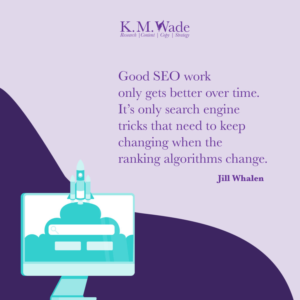 Inspiring and insightful marketing quotes to elevate your SEO strategy 4 A minimalist design with Jill Whalen's quote emphasising sustainable SEO practices that remain effective over time.