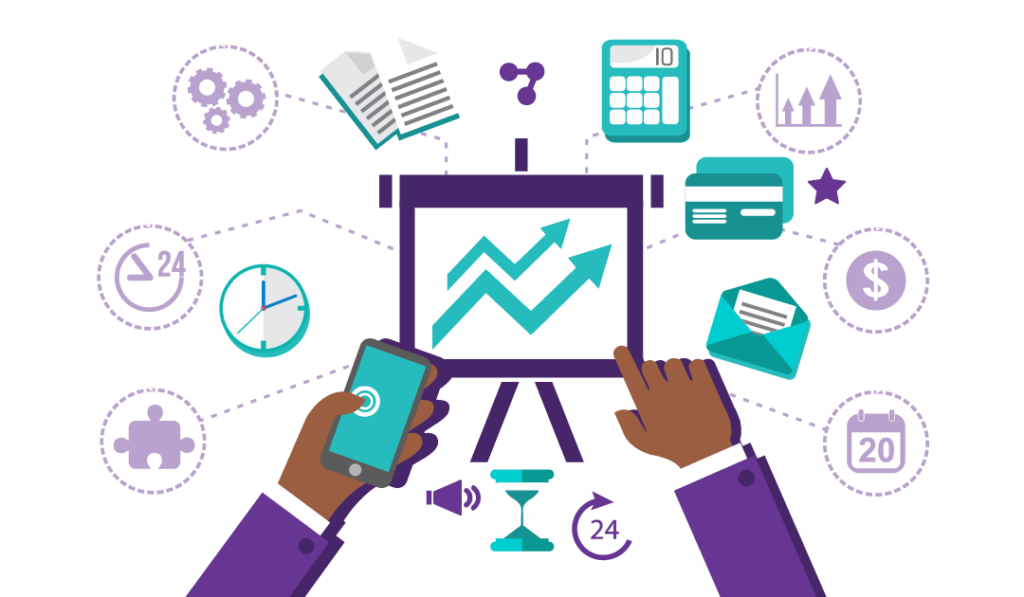 How SEO Works to Drive Traffic and Profits 2 Hands holding a phone and pointing at a growth chart that represents increasing search rankings. Several inputs go in the left side of the graph (text documents to represent content, cogs and a puzzle piece to represent strategy, clock to represent time and resources). And several outputs emerge from the right of the graph (calculator to represent measurable search performance growth, credit card and dollar sign to represent increased revenue, calendar to show that the results last for a long time).