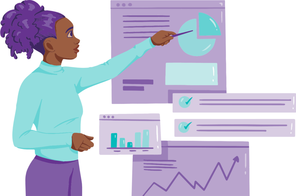 Should you Start a Blog This Year? 7 A woman pointing to a graph, surrounded by several other pieces of evidence to support her expertise.