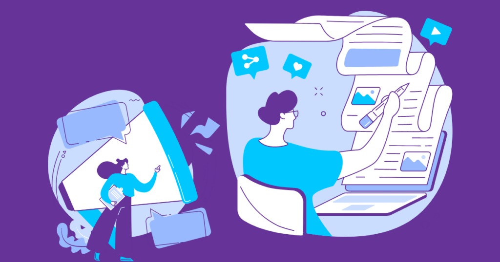 Top 12 Causes of Low Web Traffic 11 Illustration of a woman making some content and another woman promoting the content to drive more engagement and traffic