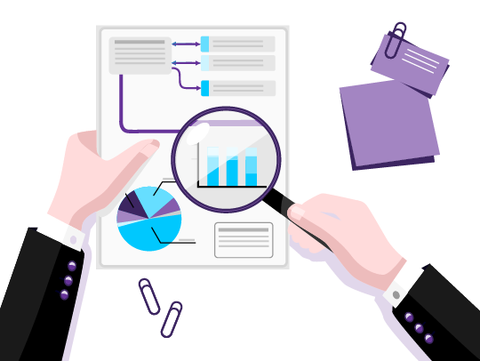 6 Steps to Content Marketing Success 2 a document with lots of data and graphs, and a magnifying glass.