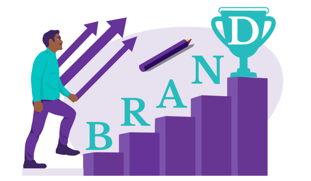 Google SEO Title and Title Tag Update 15 Man walking up graph like stairs with huge letters of the word BRAND on it. The D is inside an image of a trophy.