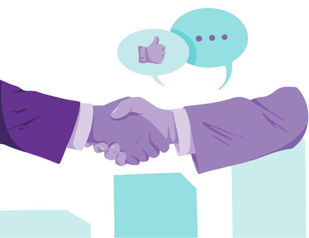 How SEO Works to Drive Traffic and Profits 5 Two hands shaking along with a thumbs up and a speech bubble with three dots because someone's typing a message. All this symbolises building trust.