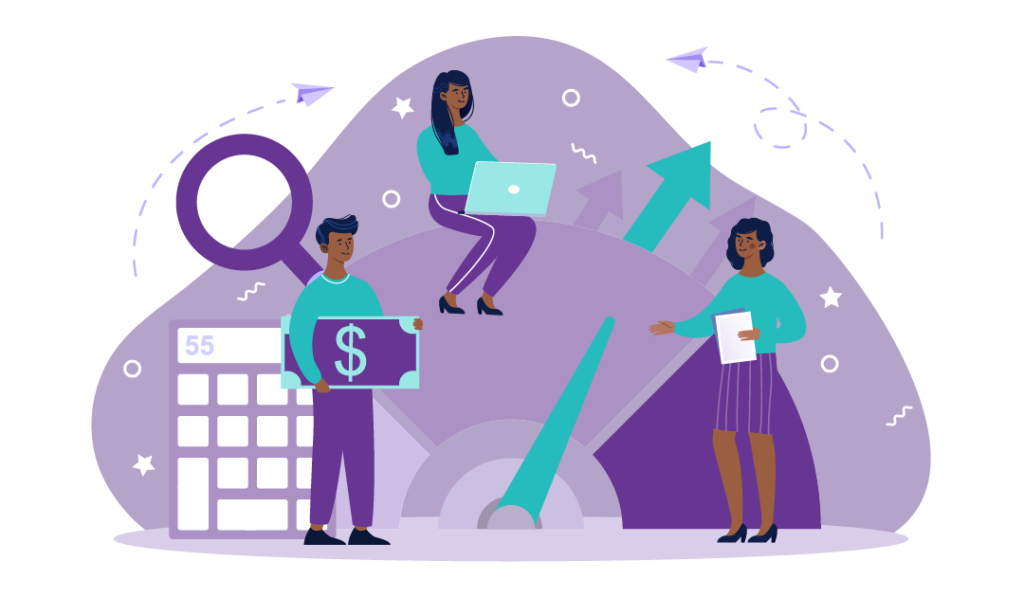 How to measure content marketing success 3 People with calculators and laptops and notebooks sitting on a dashboard measuring how well a content series performed.