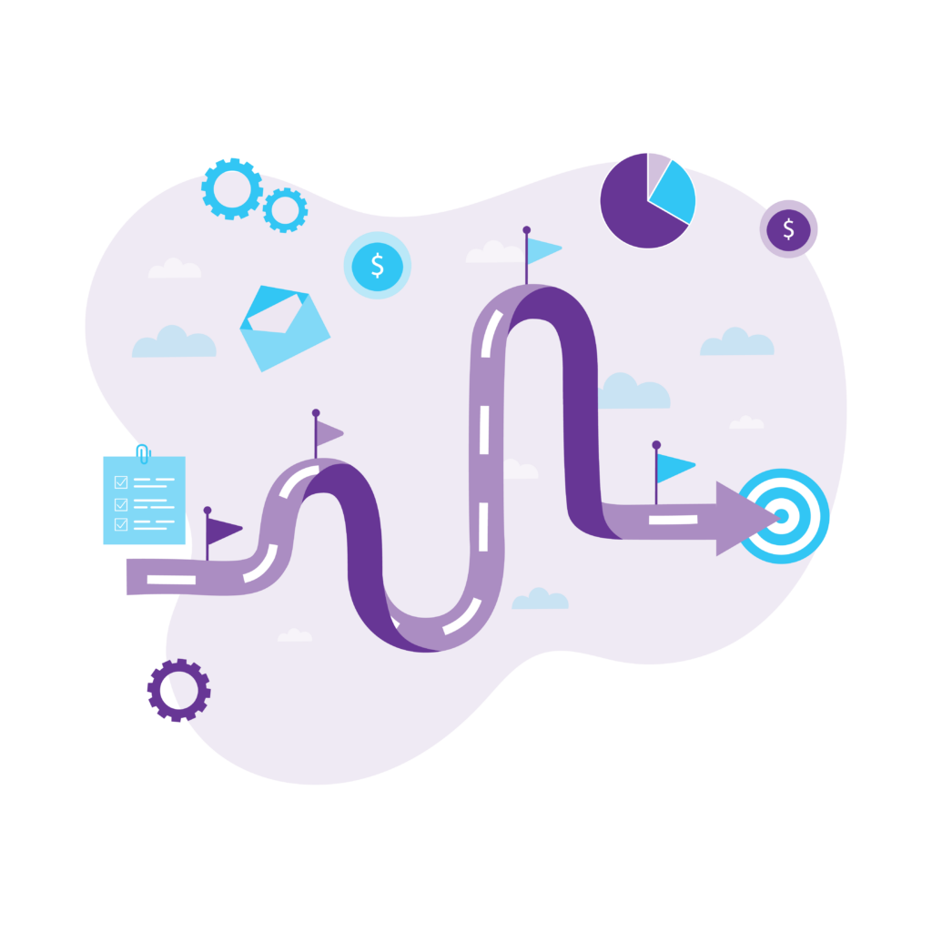 Small Business Marketing Ideas That Actually Work Today 1 A road that’s weaving between important checkpoints in order to reach the target at the finish line. This represents the strategy.