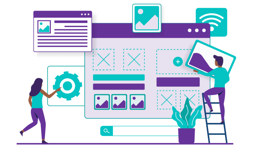 Your Guide to Effective Website SEO in 2023 2 A woman is pressing the cog icon and a man is on ladder putting the image in the image holder.