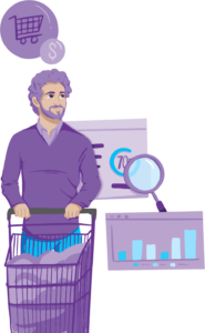 Should you Start a Blog This Year? 8 A person with a shopping trolley, surrounded by symbols that show how the business is converting more and more shoppers into buyers.