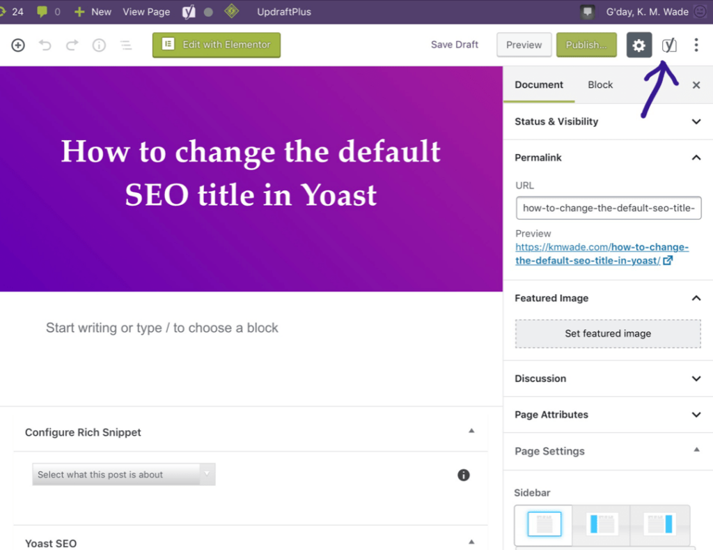 How to Change a Title Tag in WordPress 7 A screenshot showing the Yoast SEO button at the top right of the screen