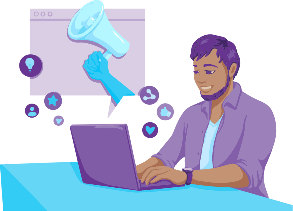 Should you Start a Blog This Year? 10 Happy person typing on a laptop with several symbols scattered around, including a megaphone, star, thumbs up, heart, and share icon. All this symbolises a person talking positiviely about a brand on the internet.