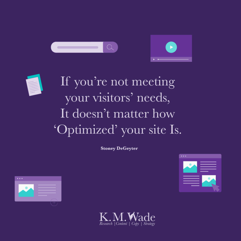 Inspiring and insightful marketing quotes to elevate your SEO strategy 6 A dark-themed visual featuring Stoney DeGeyter's quote on meeting visitor needs being more critical than mere optimisation.