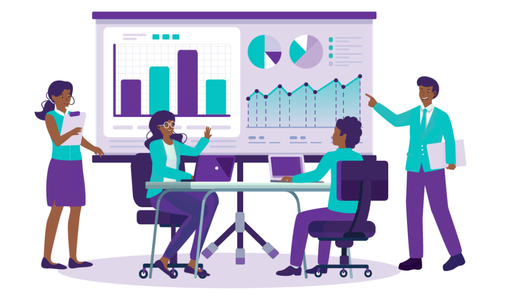 What is Low Website Traffic and Why is it a Problem? 3 Four people reviewing a large screen that's covered in graphs that show much traffic their website is getting.