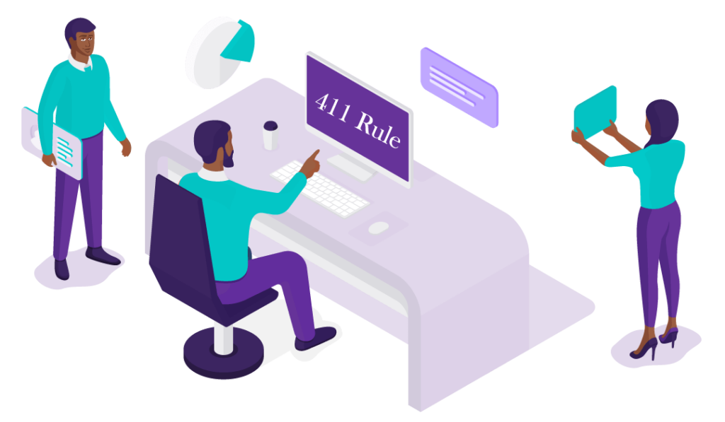 How to Promote Your Blog on Social Media 10 A man is pointing at a monitor, which is displaying the words ‘411 rule’ plus a man listening and a woman showing her tablet.