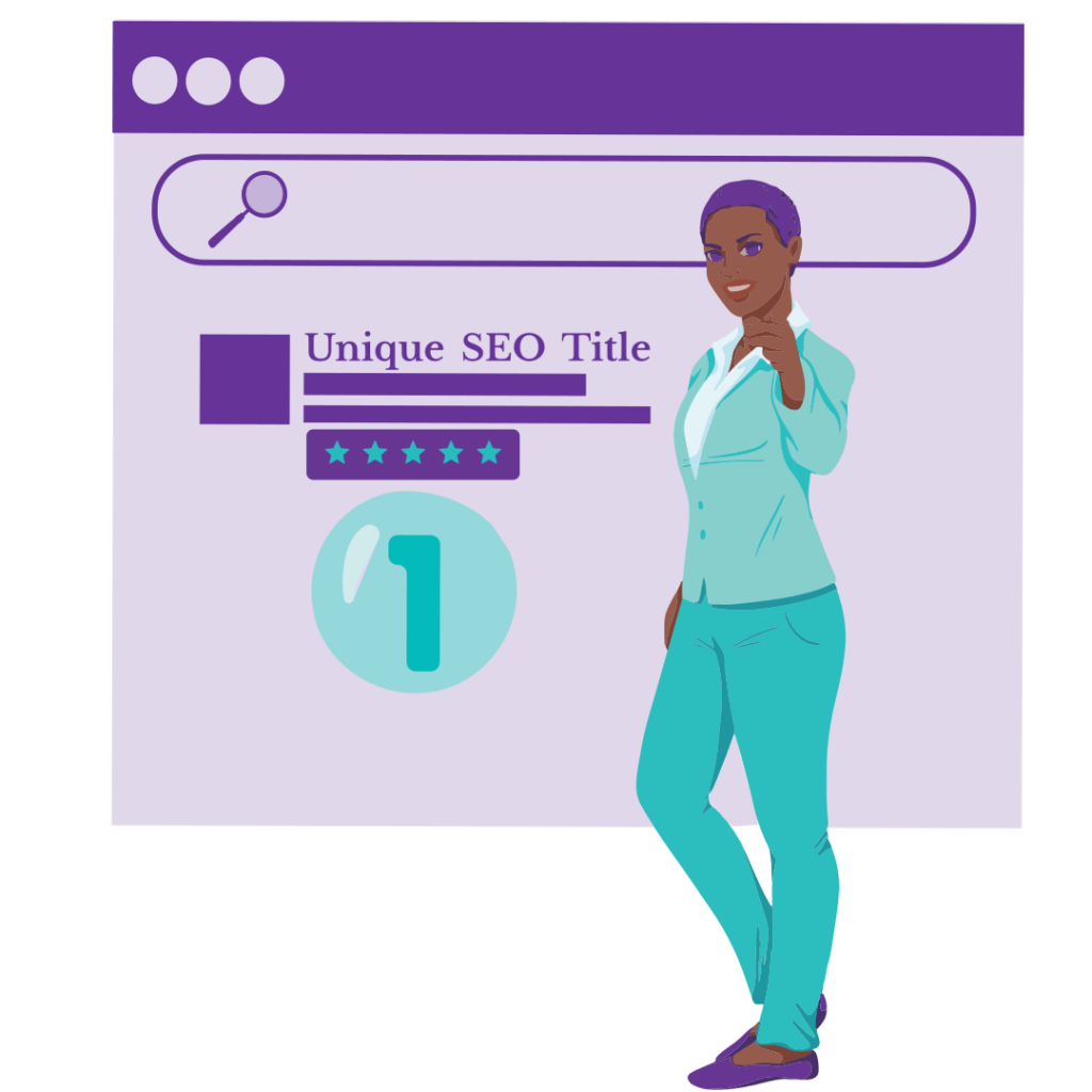 Why Unique SEO Titles Are Your Secret Weapon for Increased Organic Traffic 6 A woman points forward toward the viewer. Behind her is a search engine’s search listing which is ranked number 1. It includes a 5 star review rating and unique SEO title.