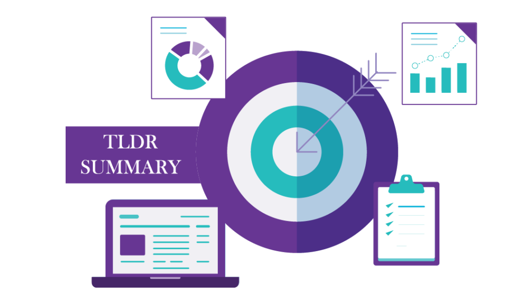 How SEO Works to Drive Traffic and Profits 10 Documents, Laptop and graphs surrounding a bullseye target. The text reads ‘TLDR summary’.