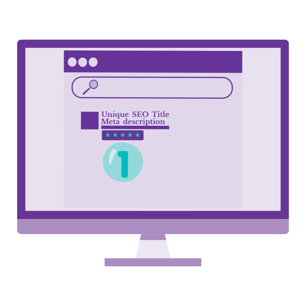 5 Things I Wish I’d Known About SEO When I Built My First Website 1 A monitor showing on screen a SERP with Unique SEO title, meta description and 5 star rating.