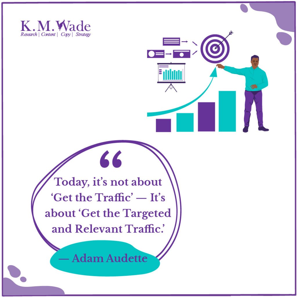 Inspiring and insightful marketing quotes to elevate your SEO strategy 13 An illustration with Adam Audette's quote focusing on targeting relevant traffic over simply increasing website visitors.