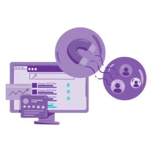 Unique SEO Titles are Crucial for Small Business Success — Here’s How to Make Them Work for You 3 A magnet attracting user icons alongside a screen showing an SEO interface with rankings and analytics, representing attracting traffic through optimised SEO titles.