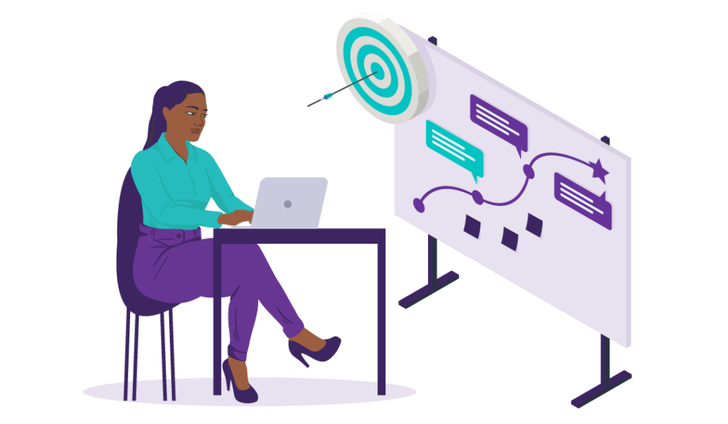 How long Does it Take to Rank on Page One of Google’s Search Results? 7 Woman on laptop with white board showing her target and plans to achieve higher ranking on SERP.